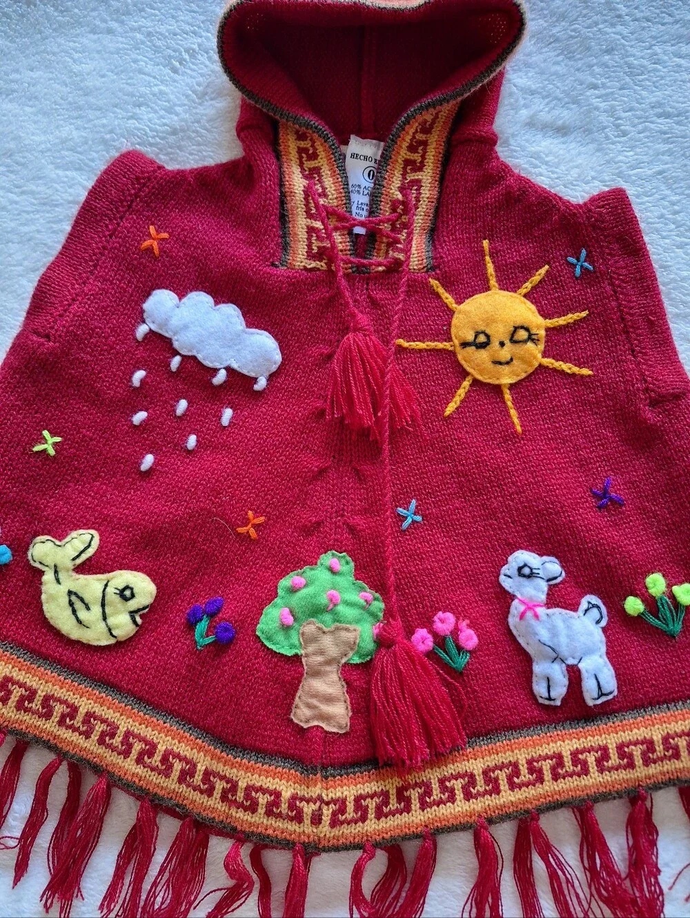Handmade Peru Kids Hooded Poncho Sweater Red Llama Front Back 3D Infant 0 6-12M